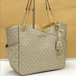 MICHAEL KORS LARGE X CHAIN SHOULDER TOTE BAG PALE GOLD COLOR